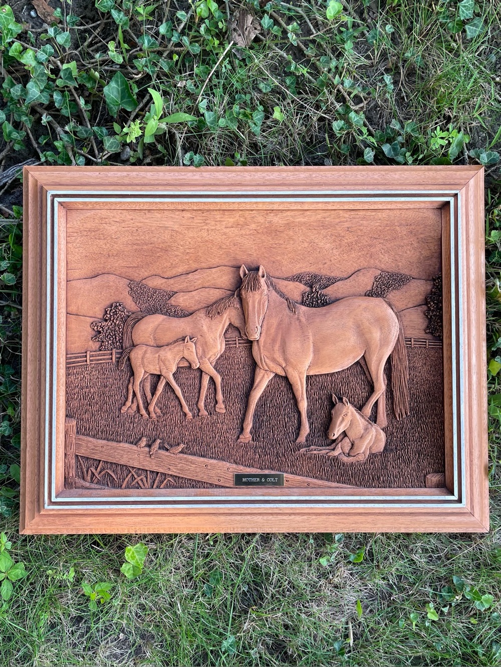 Vintage MCM Faux Wood Carved Horse Wall Sculpture Art "Mother & Colt" Kim Murray